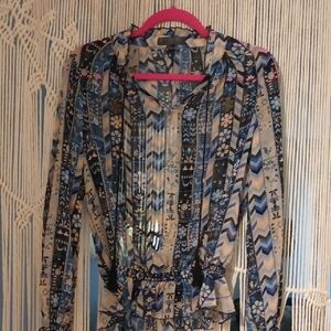 Blue Patterned Women's Sheer Top Size Small